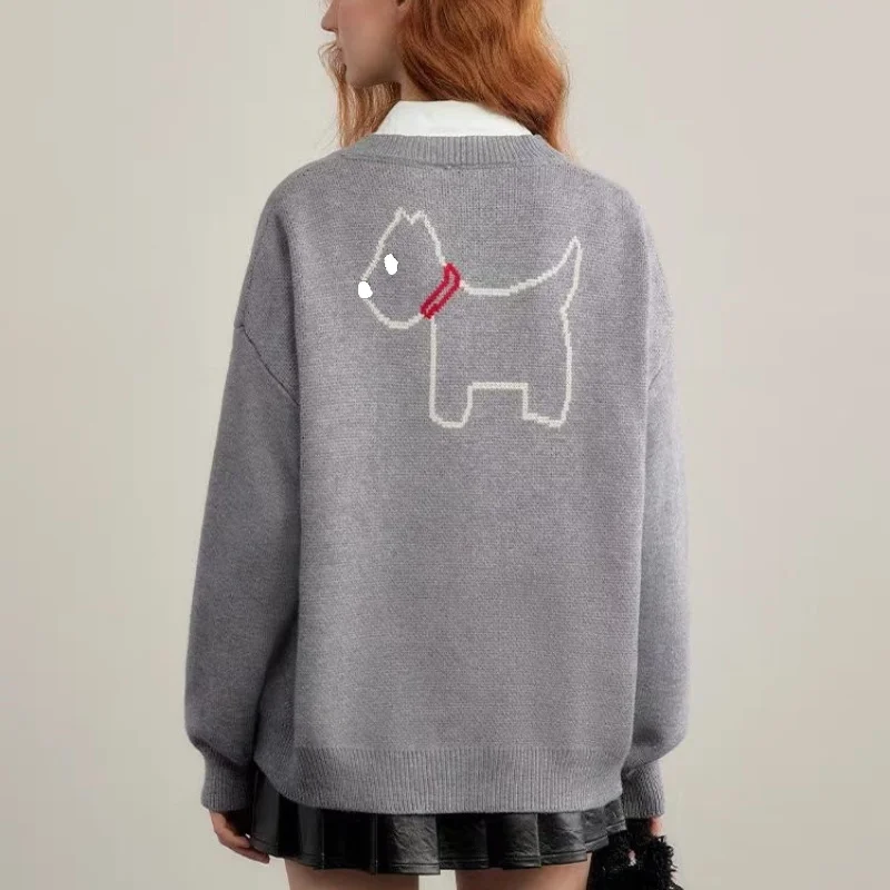 Casual Sweet Cartoon Cute Dog Y2K Knit Coat Women Straight Sweater New O-Neck Grey Trendy All-Match Cardigan Elegant Chic Coat