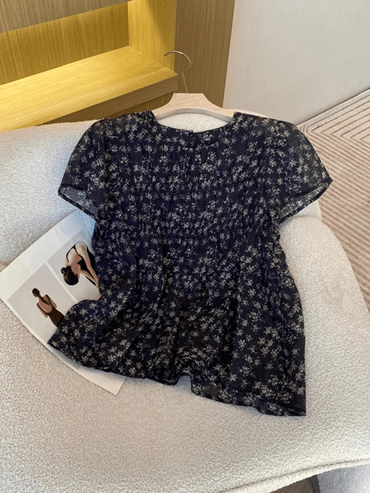 

Retro Floral Print Short Sleeve Women's Shirt Summer Elegant Lovely Loose Slimming Design round Neck Top Korean Style Commute
