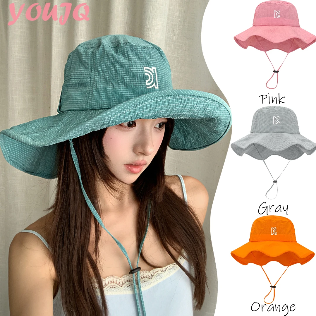 Japanese Quick-drying Plaid Bucket Hats for Women Men Summer Breathable Sun Protection Visor Large Brim Hiking Camping Cap