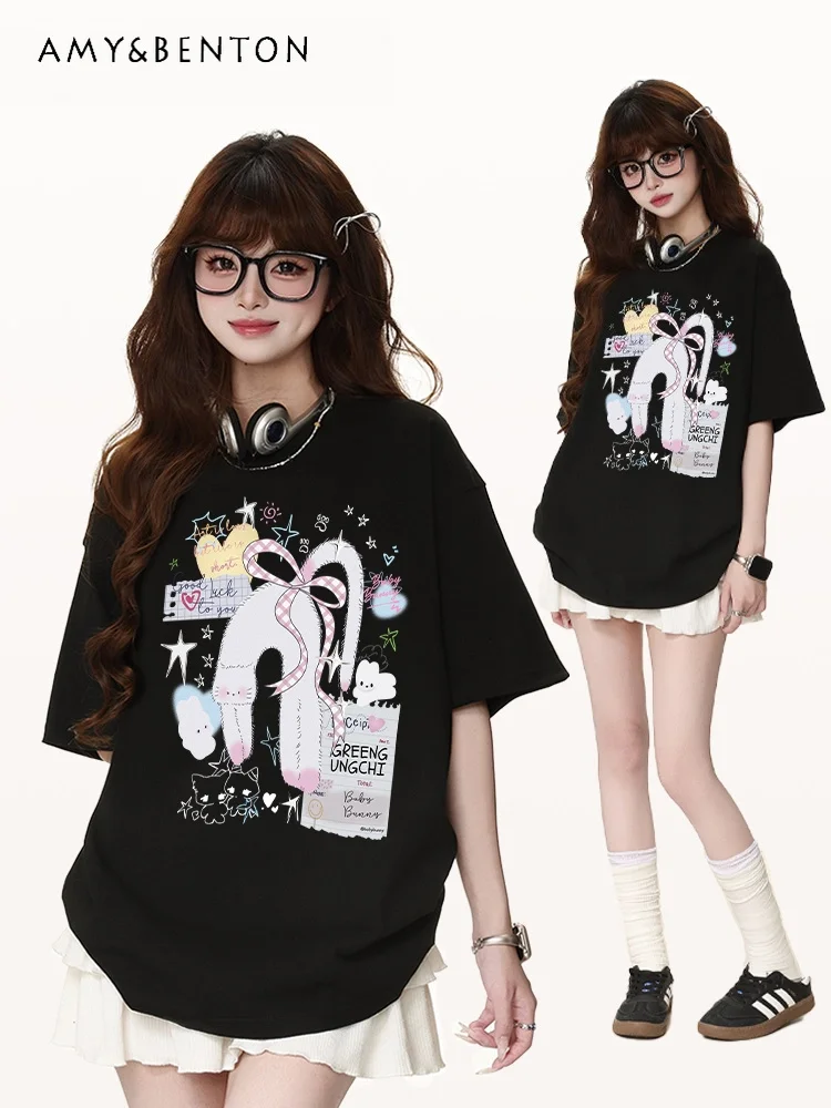 

New Summer Sweet Cute Women Pink Blue White Black Round Neck Short Sleeve T-shirt Cartoon Cat Print Loose Casual Cotton Tee