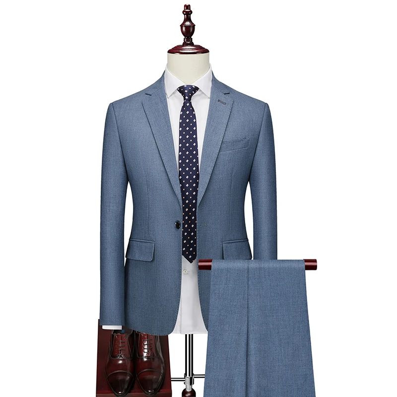 

High Quali Men's Busin Casual Suit Two-Piece Set Light Blue Wedding Host Profional Formal Trendy Youth Stand Fit