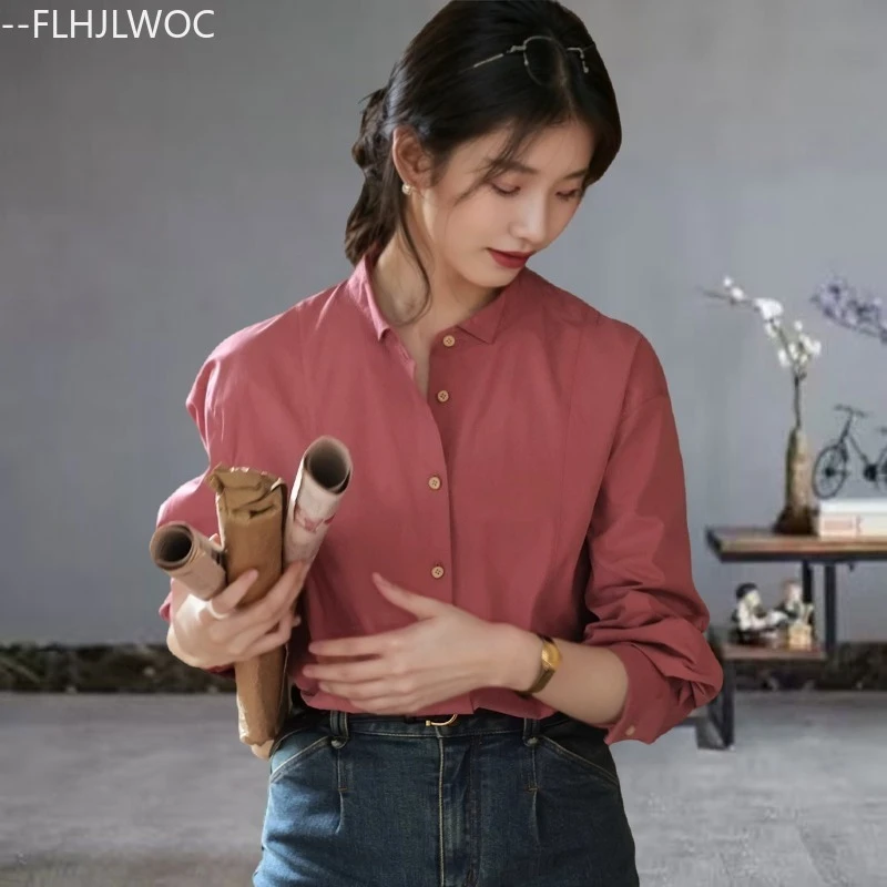 

Топы из смеси хлопка, блузки, новинка 2025 года, осень, шикарные корейские японские рубашки с длинными рукавами для девочек, однотонные розовые, зеленые, винтажные рубашки в стиле ретро