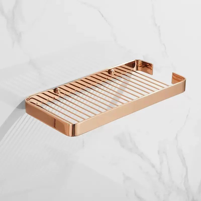 Bathroom Shelf Solid Brass Bath Shower Rack Corner Square Nail Punched Wall Mounted Storage Organizer Holder Rose Gold/Chrome