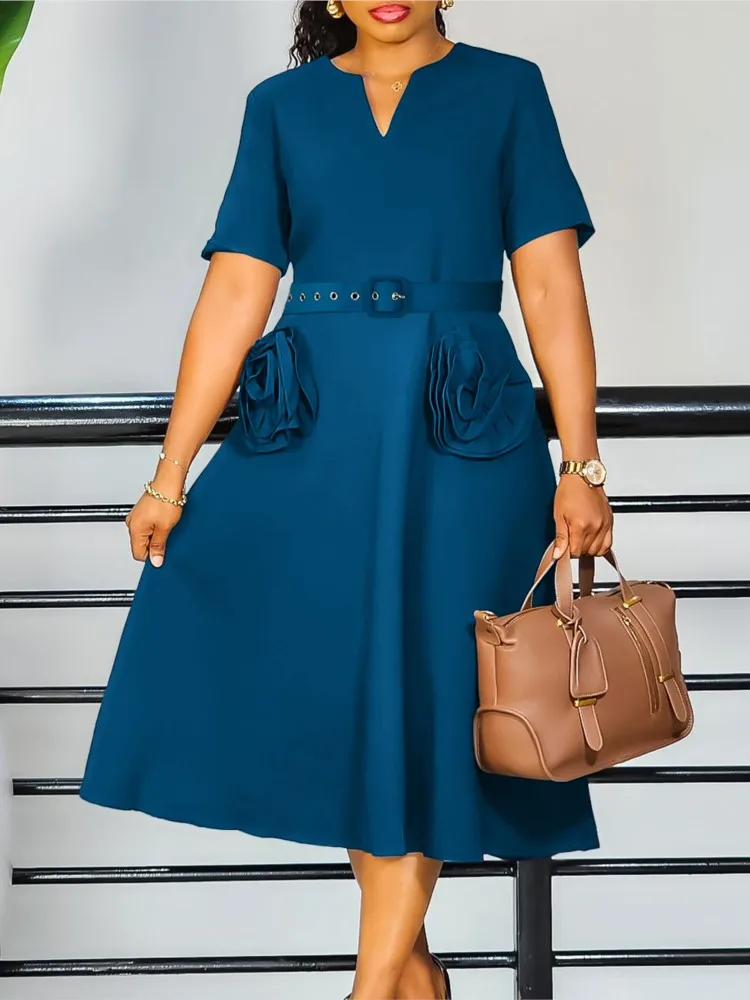 

Summer Fashion V-neck Elegant Waist A-line Skirt Dress Women's Commuting Style High Waist Short-sleeved Belt Casual Dresses