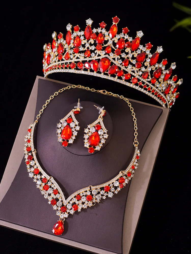 DIEZI 4 Style Elegant Bridal Crown Women Gilrs Wedding Princess Queen Korean Red Crystal Tiaras Necklace Earrings Jewelry Sets