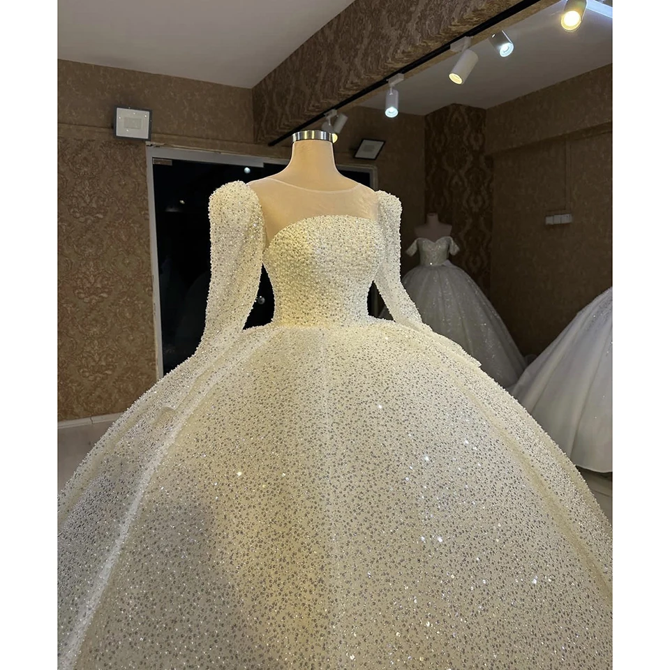 Customized Sequin Beaded Full Sleeves Wedding Dress 2023 Ball Gown Floor Length Sweep Train Lace Up Custom Made Bridal Gown