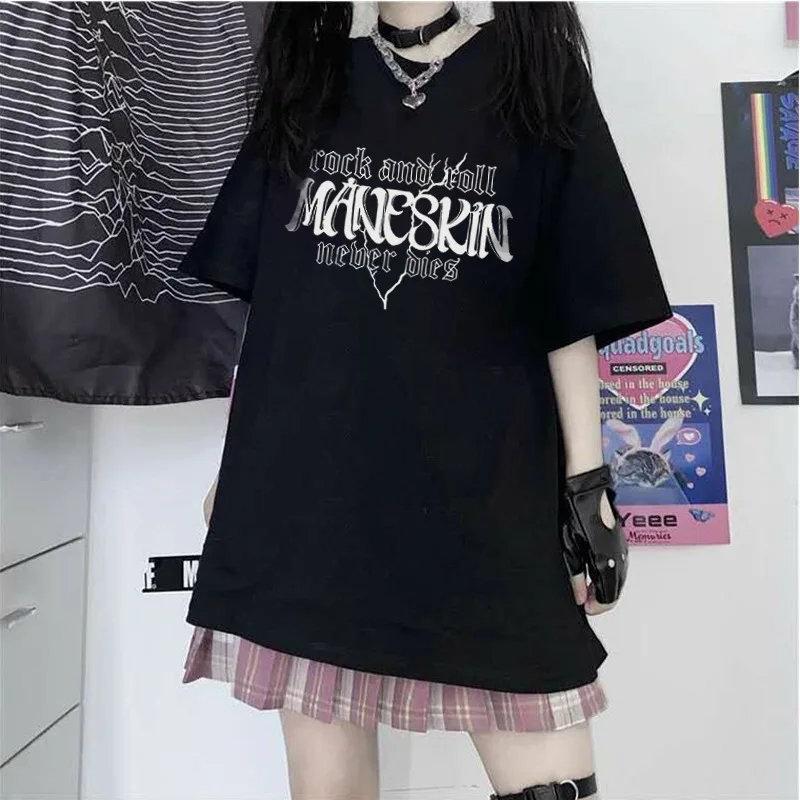 Japan Goth Hip Hop INS Tik Tok T-shirt for Women Letter Print Top Punk Loose Dressy Shirt School Harajuku Tee Korea Pullover