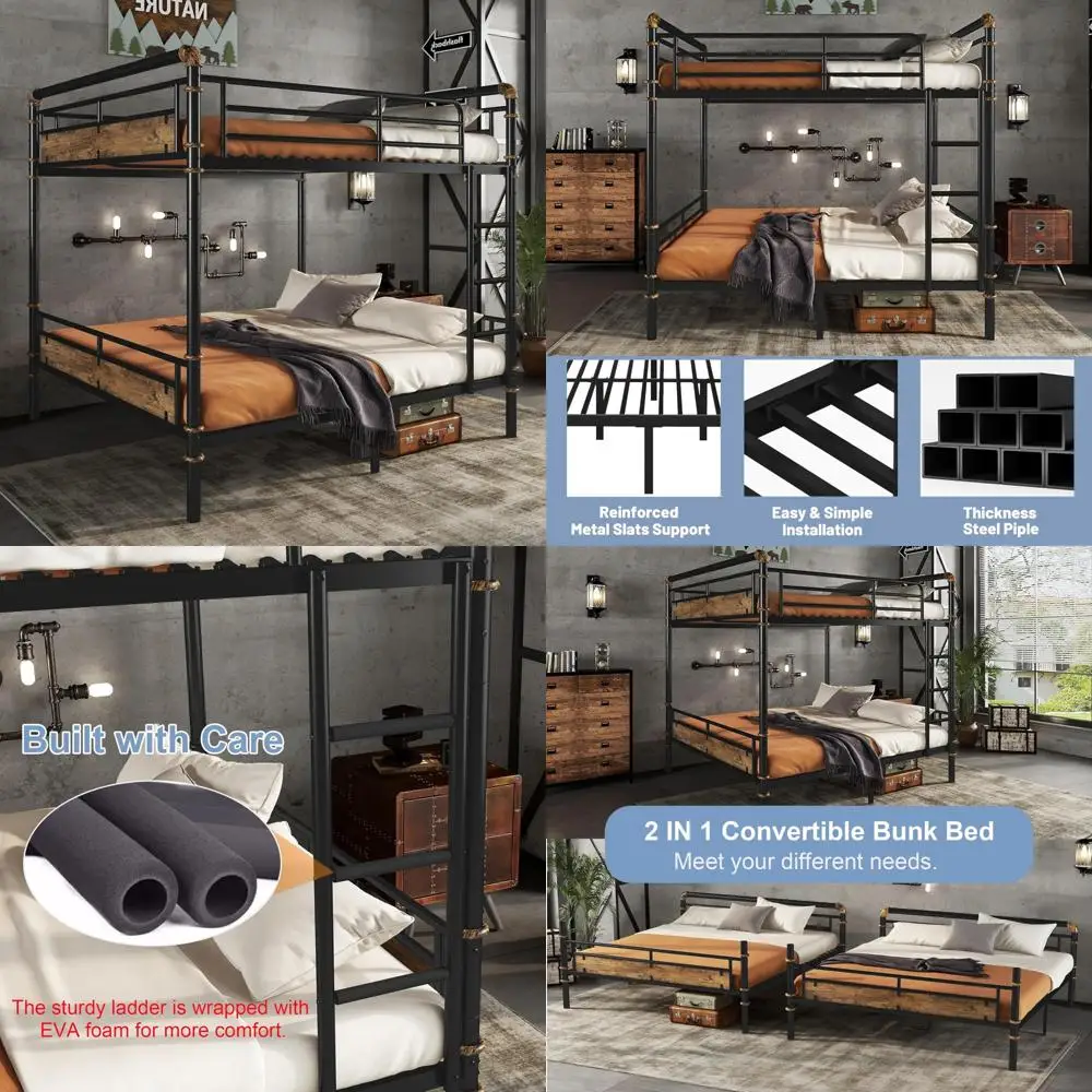 

Сверхмощная металлическая двухъярусная кровать в индустриальном стиле для подростков и взрослых, трансформируемая 2-в-1 с лестницей и рейками