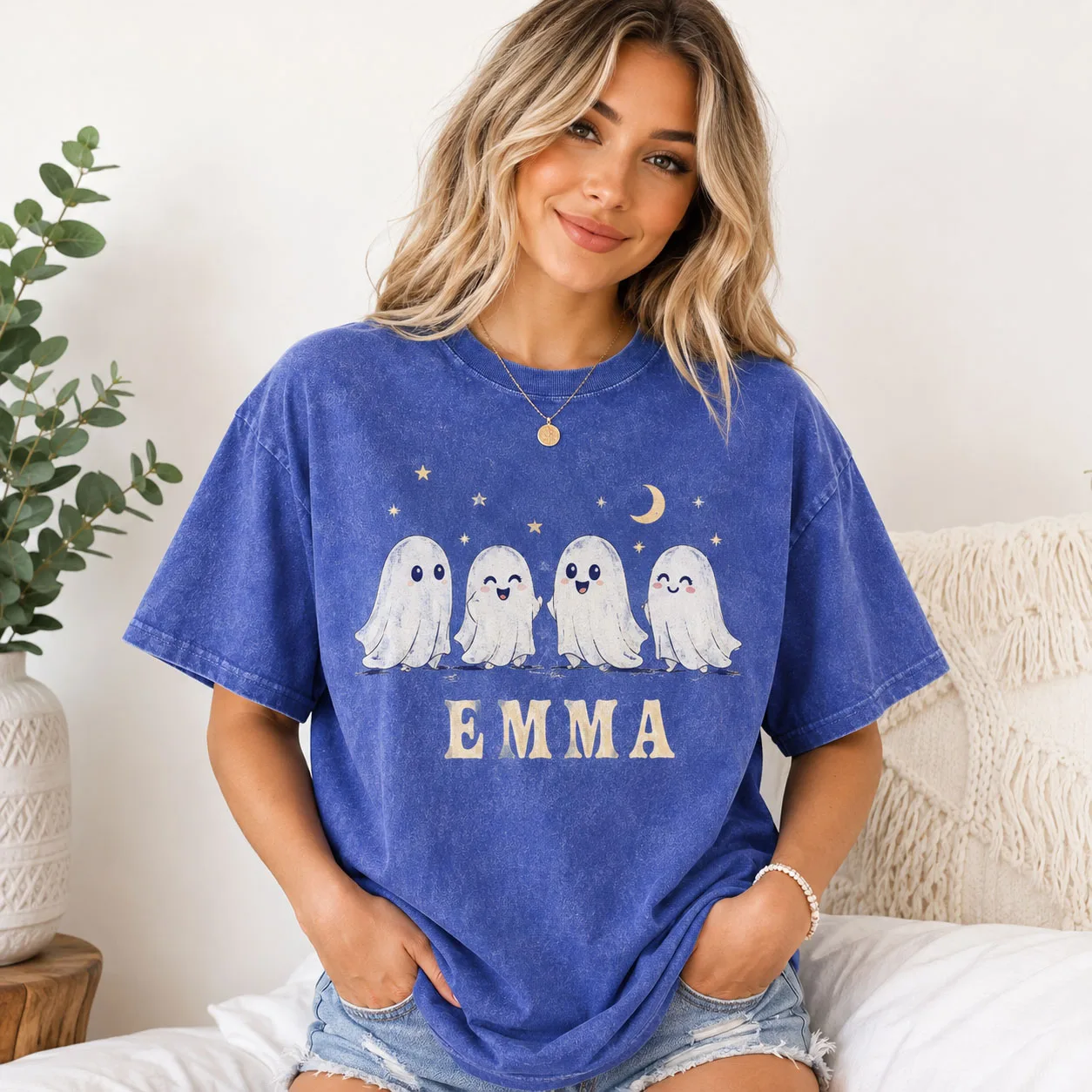 Custom T Shirt Halloween Ghost Shirt Custom Name Vintage Washed T Shirt Unisex Cute Spooky Tee Fall Party Gift Women Men Shirt