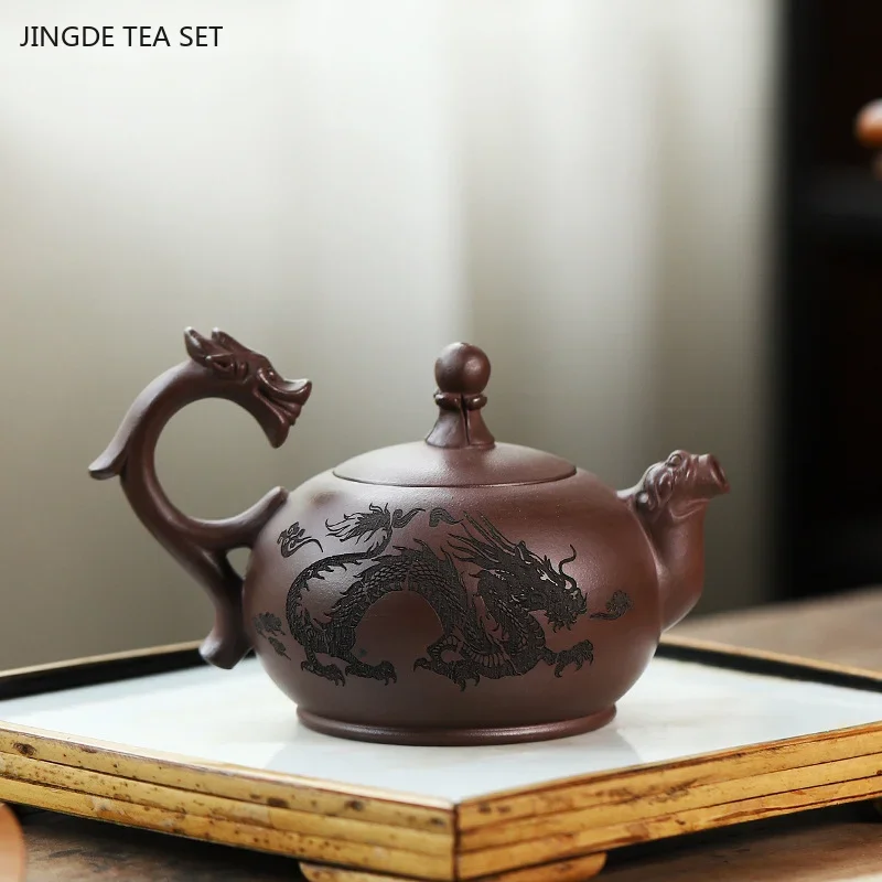 280ml Antique Yixing Purple Clay Tea Pot Hand-carved Dragon Pattern Filter Teapot Beauty Tea Accessories Zisha Tea Infuser