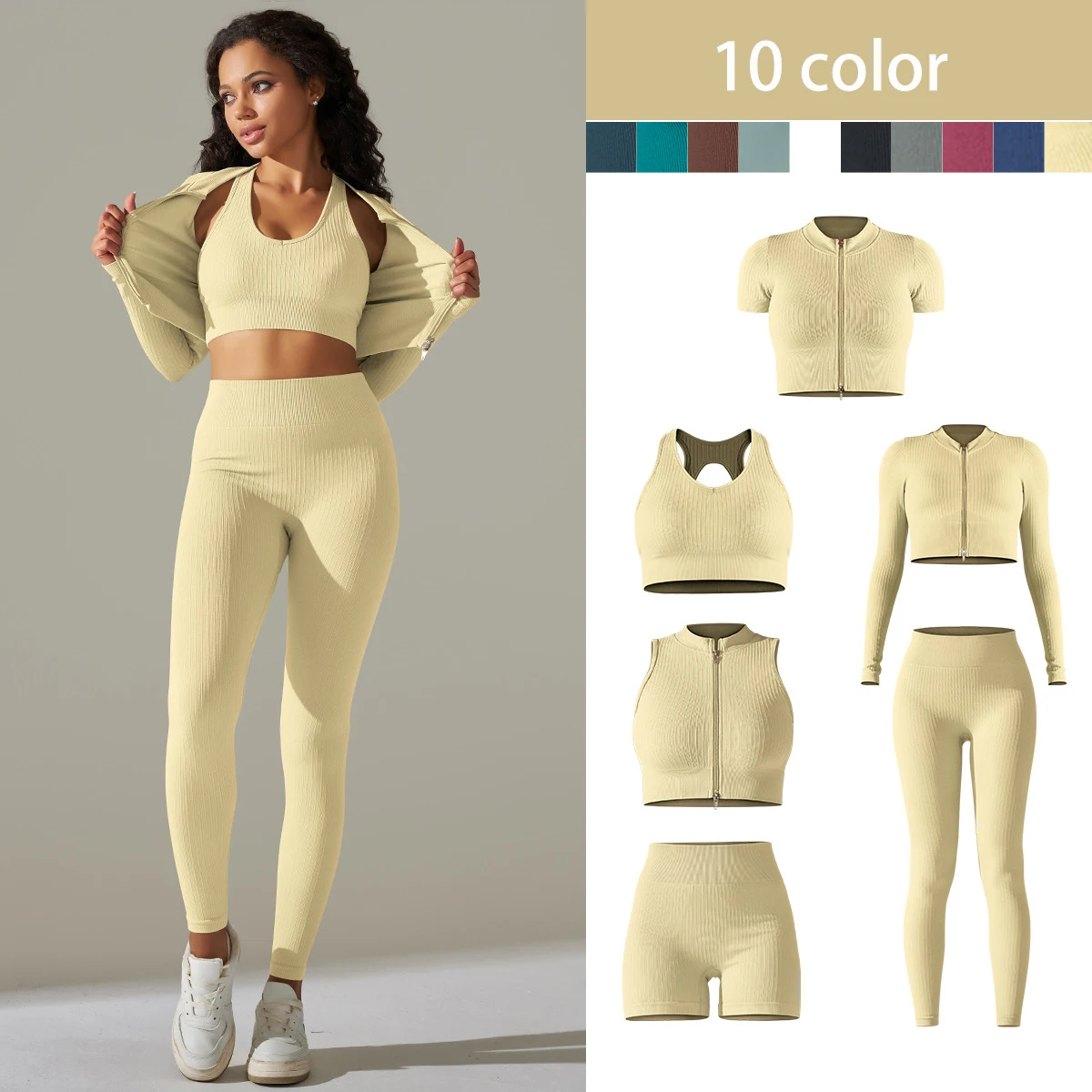 Seamless Yoga Set Ribbed Workout Sport Cropped Top With Zipper Bra High Waist Shorts Yoga Leggings Sets Fitness Gym Clothing