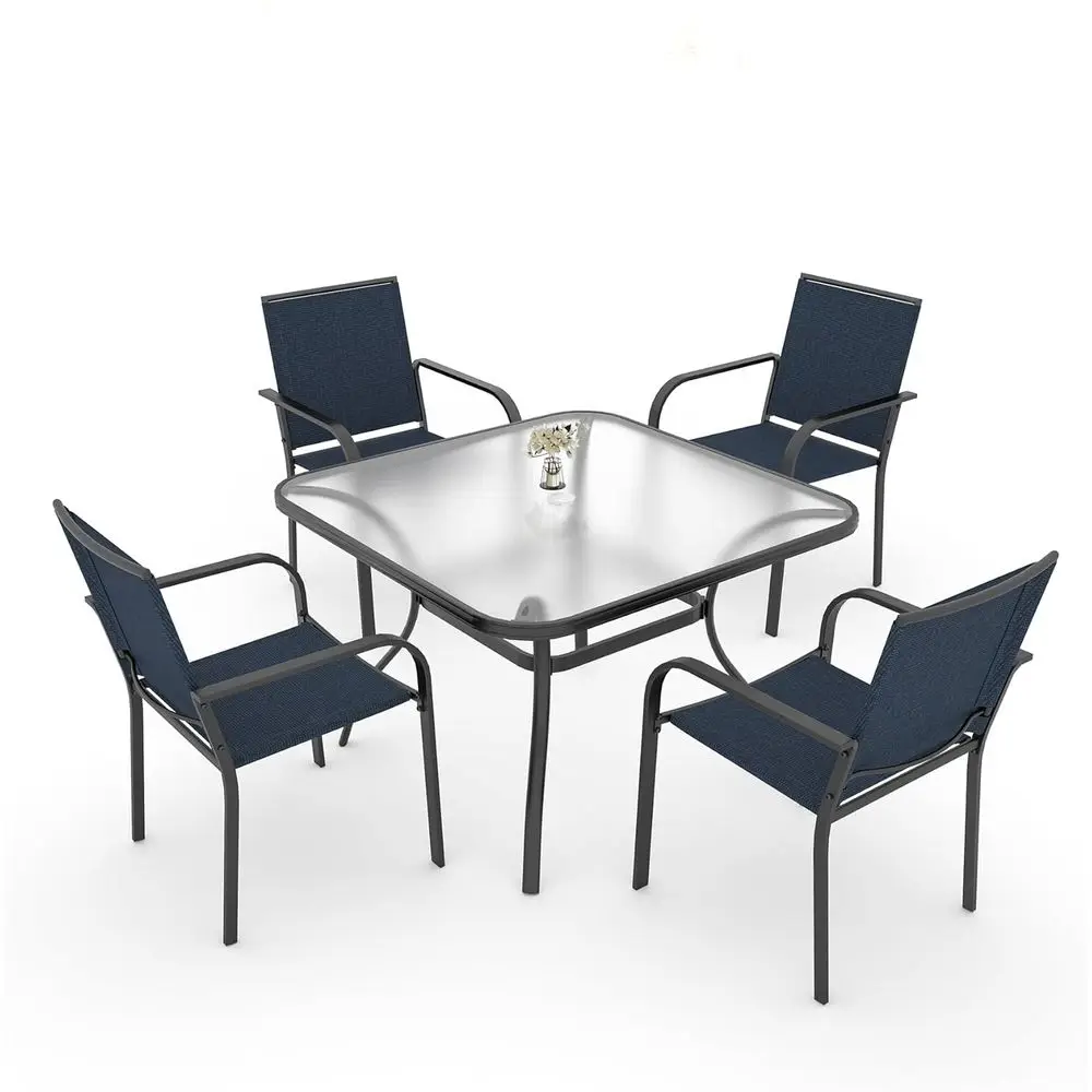 

All-Weather 37 Square Glass Dining Patio Set with 4 Stackable Chairs and Umbrella Hole