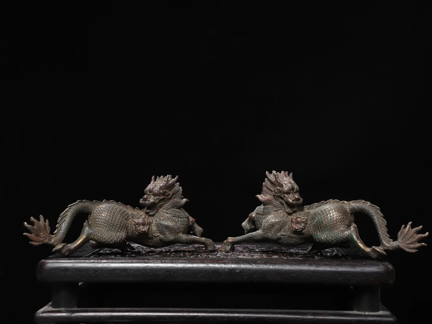 10' Collection Old Bronze Gilded Cinnabar Kirin Statue Mythical Beast A Pair Amass Wealth Ornaments Town House Exorcism