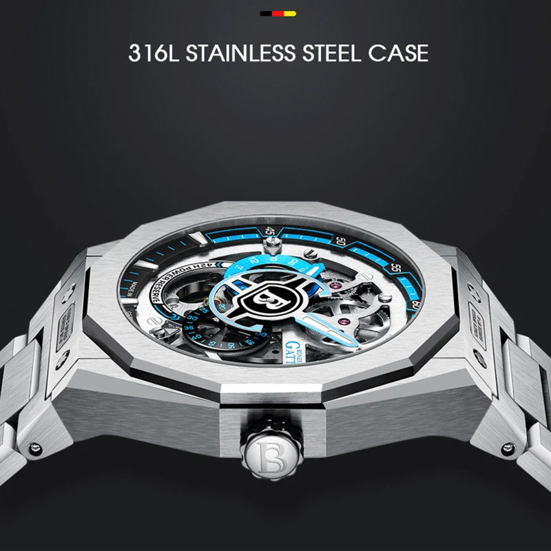 

Мужские часы BONEST GATTI, немецкие автоматические механические часы-скелетоны с люминесцентным циферблатом и браслетом из нержавеющей стали, элитные мужские часы