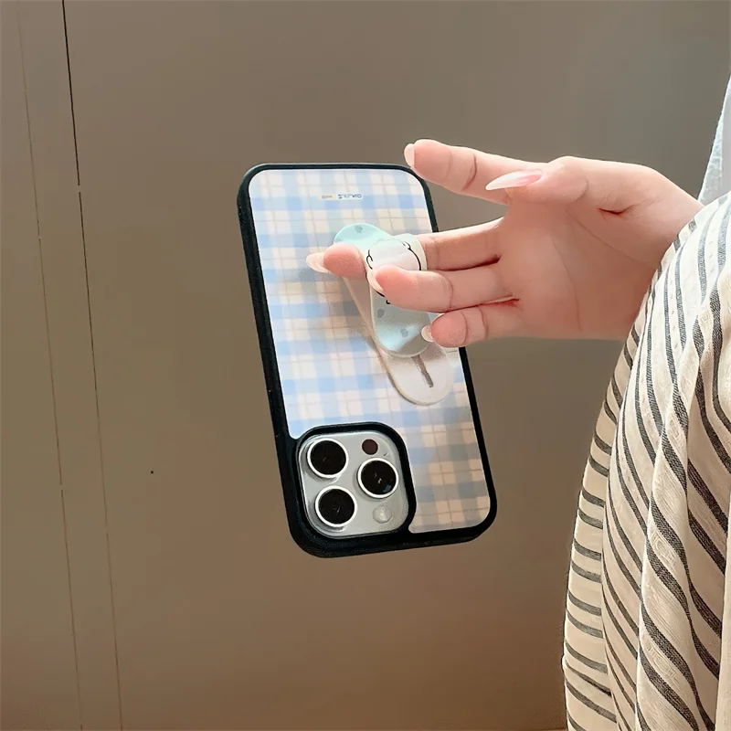Korean Blue Plaid Pattern Phone Case For iPhone 16 Pro 15 13 14 Pro Max Cover with Cute Bear Stand Holder Hard Cases Lovely Capa