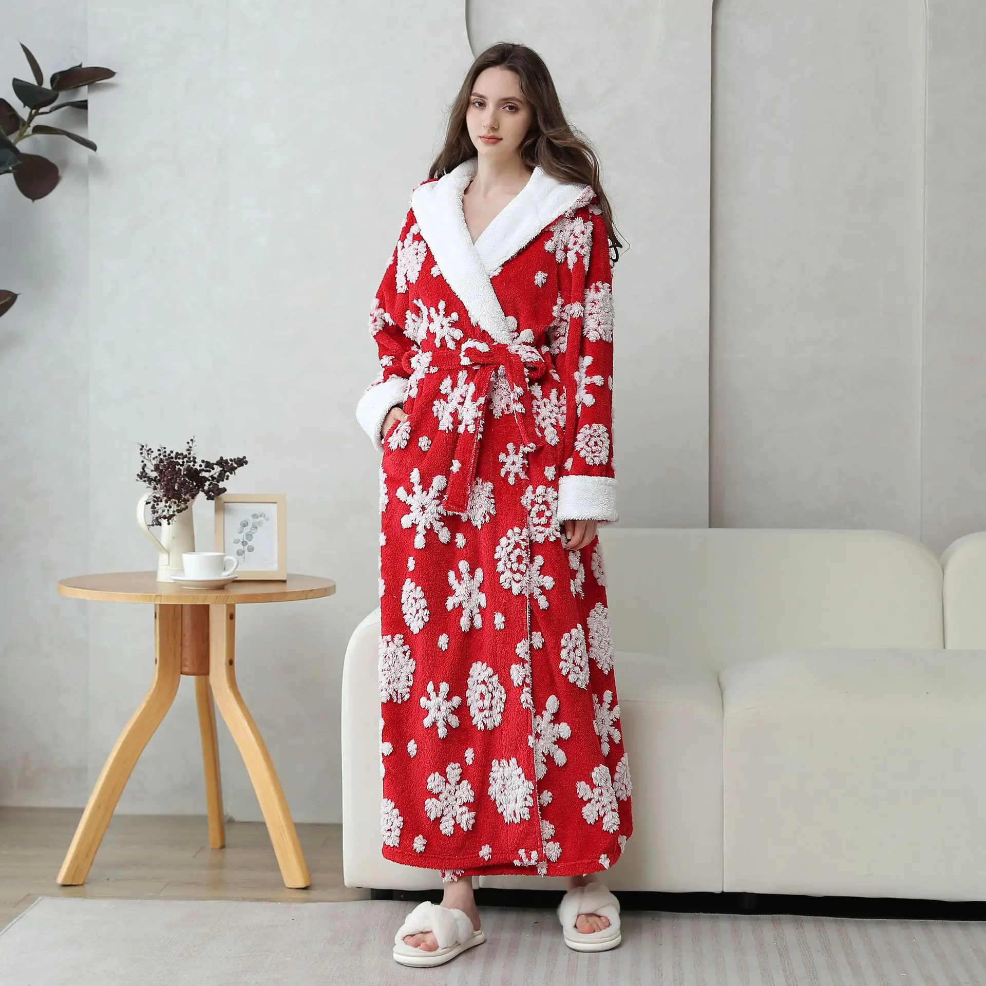 Women Christmas Robe Coral Fleece Robe Sleepwear Winter Thick Hooded Kimono Bathrobe Gown Lengthen Flannel Warm Home Clothes