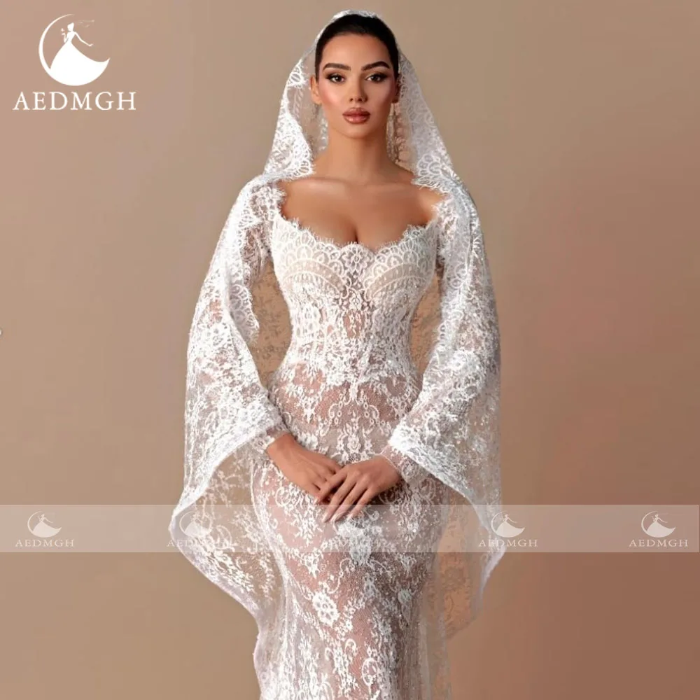 Aedmgh sirène Sexy robes De mariée festonné à manches longues robe De Novia dentelle broderie élégante sur mesure robe De mariée