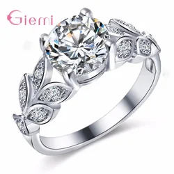 Real 925 Sterling Silver Female Jewelry Charming Elegant Sparkling Crystals Leaf Shape Rings For Women Girl Wife Gifts Wholesale