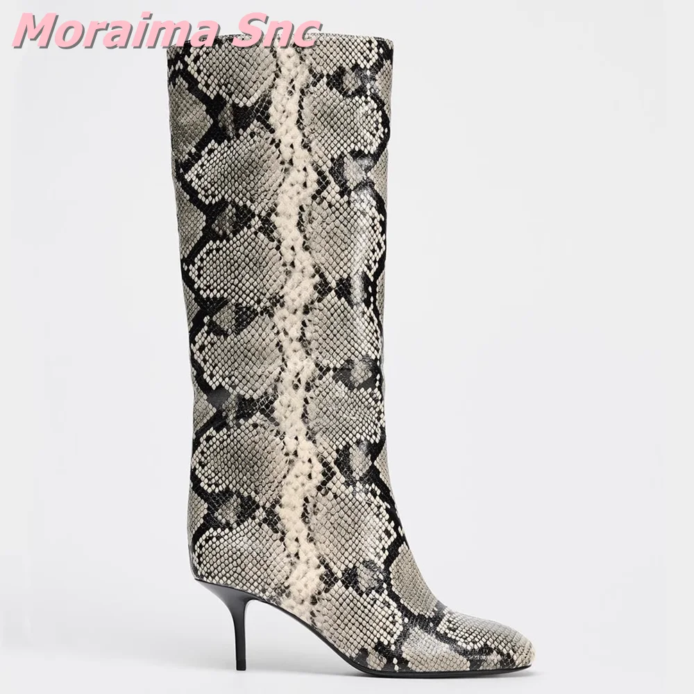 

2026 New Round Toe Python Pattern Long Boots Stiletto High Heel Slip On Sexy Fashion Women Knee High Modern Boots Autumn Winter