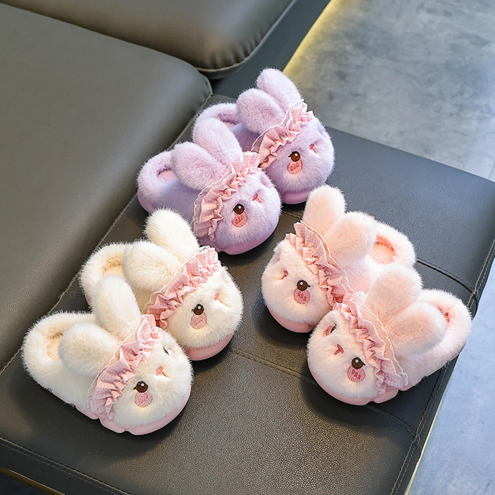 3-15years Children girls Matching Winter Slippers Soft Plush Rabbit Cartoon Slippers for baby girls Non-slip Warm House Shoes