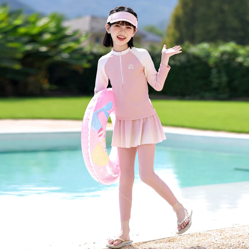 Two Pieces Kids Burkini Girls Long Sleeve Swimsuit With Removable Skirt Children Modest Swimwear Muslim Swimming Suit Bathing