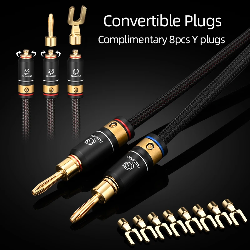 ERUMPENT OCC Plated Silver HiFi Speaker Cable Hi-end Gold Plated Banana Spade Y Convertible Plug Professional Loudspeaker Wire