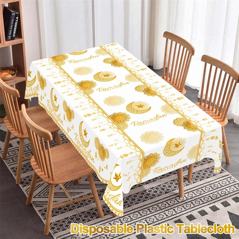 Eid Mubarak Plastic Disposable Tablecloth Ramadan Decoration 2026 for Home Islamic Muslim Party Decor Ramadan Tableware Supplies