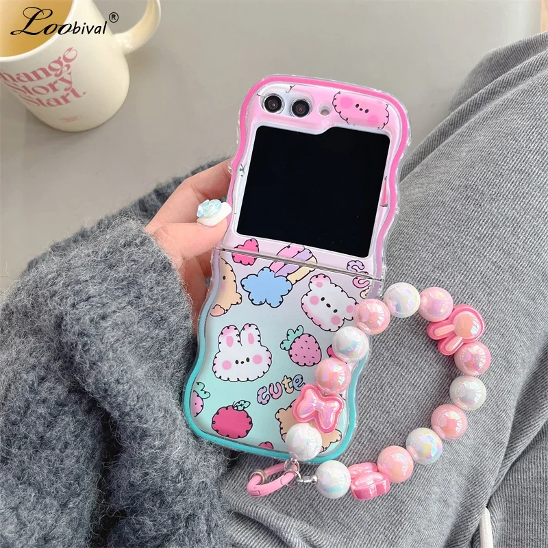 Fashion Cute Cartoon Rabbit Stand Case for Samsung Galaxy Z Flip 5 4 3 Bear Gradient Wrist Chain Bracelet Cover