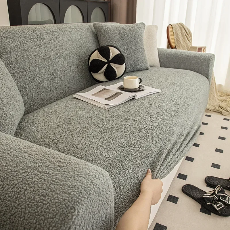 Solid Color Teddy Velvet Warm Sofa Cover High Elastic Thick Corner Couch Covers for Winter Anti-Scratch Pet Friendly Sofa Pad