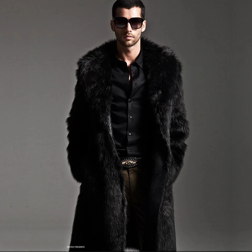 

2026 Autumn Winter New Men Mid Length Artificial Fur Fur Collar Leather Coat Warm Trendy Fashion Overcoat