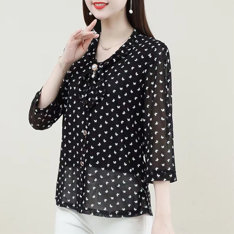 Women\'s Clothing Korean Fashion Print Beaded Bow Elegant Blouses 2023 Summer Half Sleeve Thin Shirts Ladies Slim Chic Tops Blusa