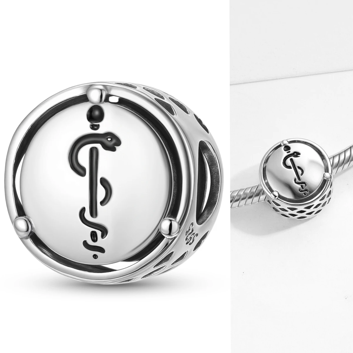 

New 925 Sterling Silver Snake Scepte Ancient Symbol Rod of Asclepius Hollow Beads fit Charm Bracelets & Bangles DIY Jewelry