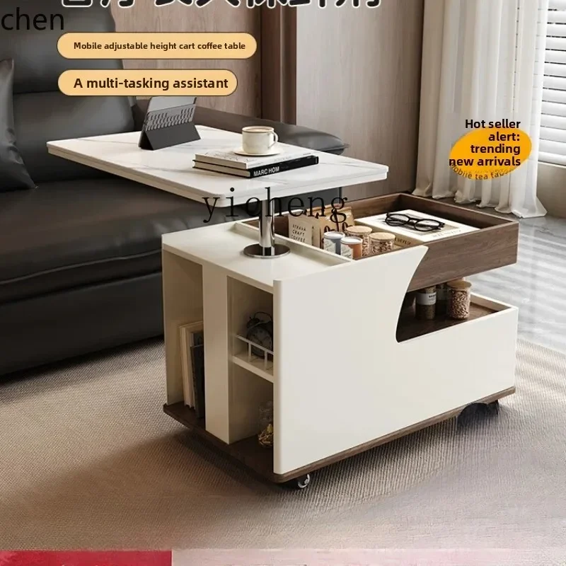 HT Modern Minimalist Small Apartment Home Living Room Sofa Side Multi-Functional Movable Lifting Rock Board Trolley Coffee Table