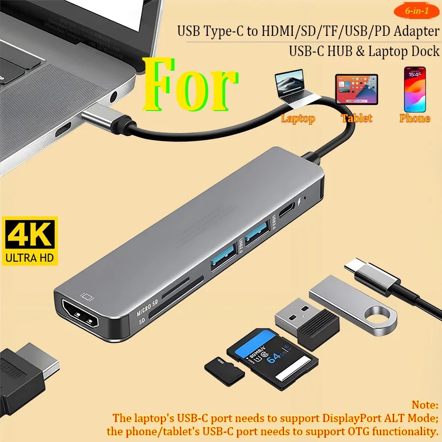 

6-in-1 USB-C HUB Type-C to HDMI SD TF USB PD Adapter Laptop Dock for MacBook Surface matebook magicbook notebook