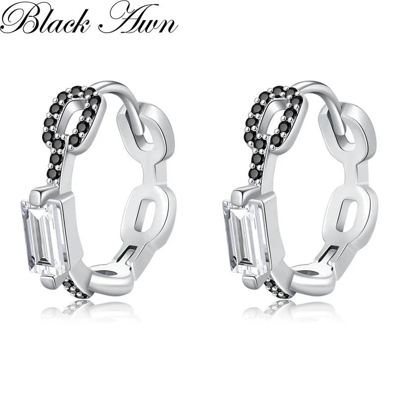 

Black Awn Classic Silver Color Round Black Trendy Spinel Engagement Hoop Earrings for Women Jewelry Bijoux I310