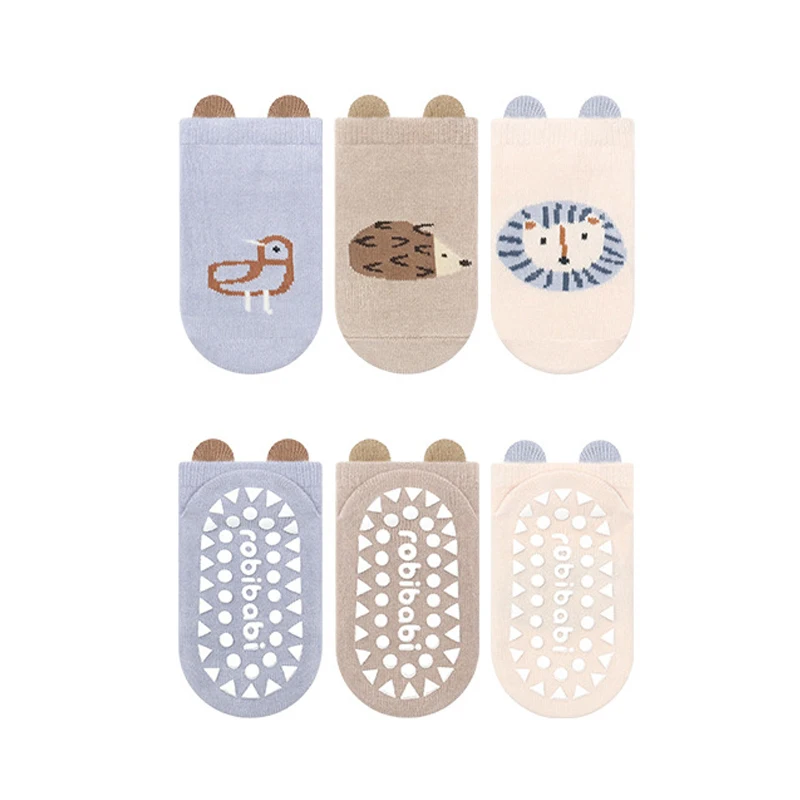 3 Pairs Cartoon Animal-Patterned Boys' Slip-On Socks, Baby Walking Socks and Trampoline Socks, Suitable for Daily Wear