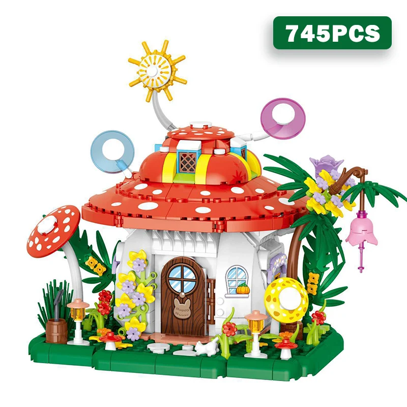 Criativo casa de cogumelo vista rua blocos de construção cidade arquitetura floresta cabine cogumelo barco mini tijolos brinquedos crianças presente