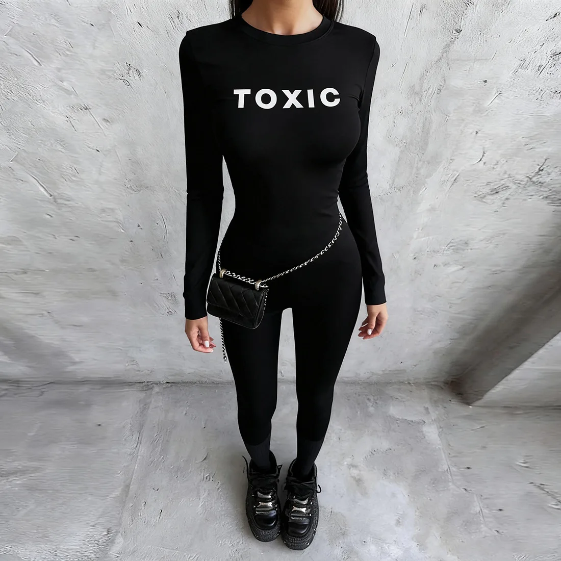

Letter Print Women Black Tight Jumpsuits Fashion O Neck Long Sleeve Slim Casual Streetwear Overalls Fitness Workout Rompers