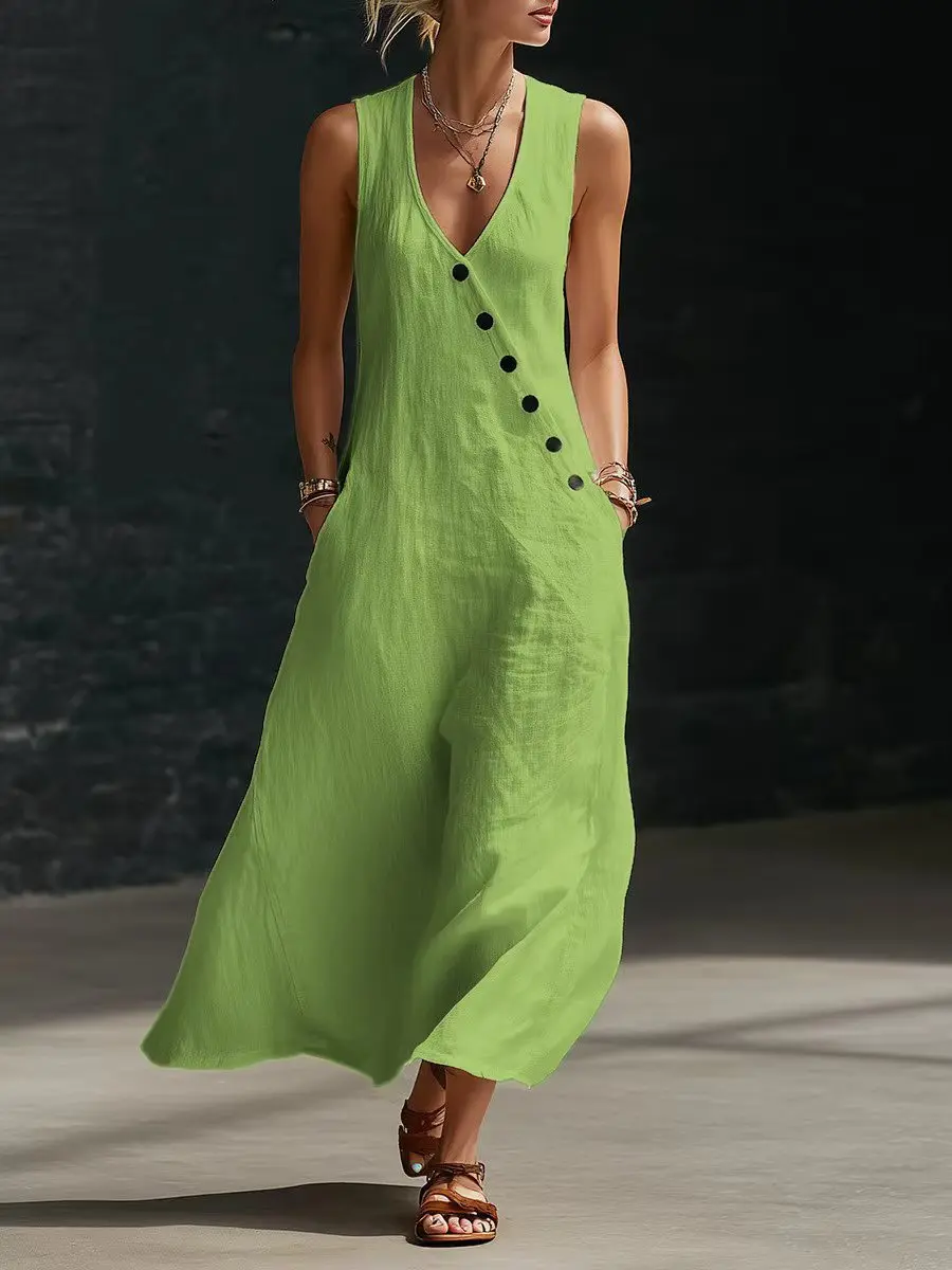 2026 Sommer Damen Baumwoll-Leinen A-Linien-Maxikleid mit V-Ausschnitt, ärmellos, asymmetrisch, Knopfleiste, Westenkleid, locker geschnitten, lässig, für den Urlaub am Strand – Detail 19