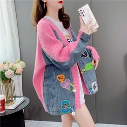 Fashion Denim Patchwork Women Sweater Cardigans 2024 Autumn Winter New Loose Knit Cardigan Female Jacket Sweater Coat