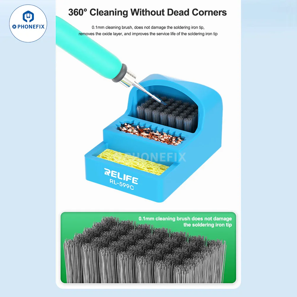 Imagem -03 - Relife Ferro de Solda Dicas Cleaner Box Escova de Aço Universal Esponja Fio de Cobre Pontas Reflashing Rl599c em 1