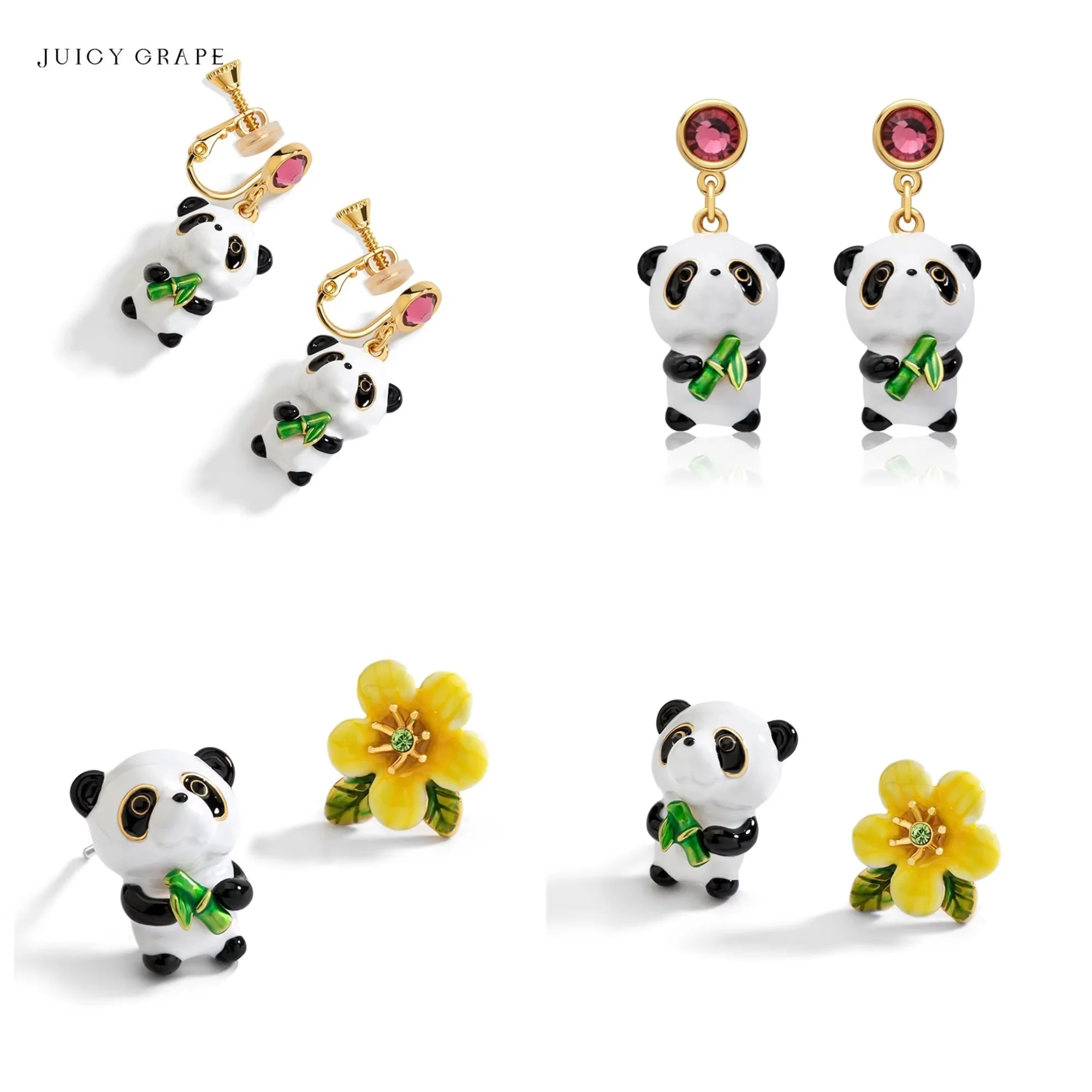 Juicy Grape Enamel Cute Panda Stud Earrings Clip-On Earrings Gold-Plated Animal and Floral Theme Women's Jewelry Gift