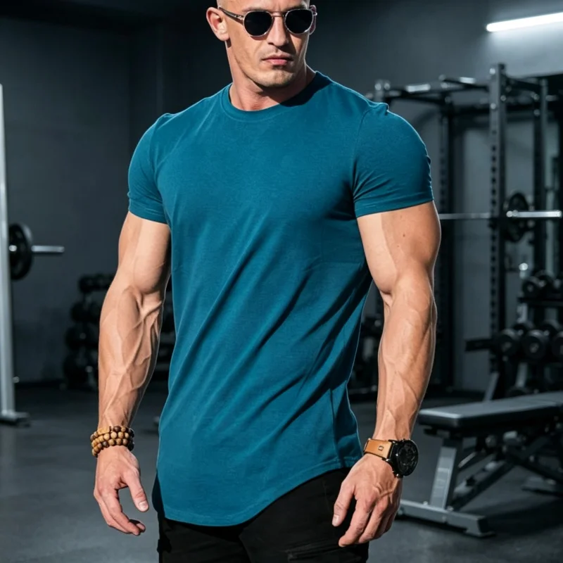 Summer Men Slim Fit running T-shirt Solid Color Crew Neck Curved Hem Short Sleeve sports T-shirt Bodybuilding Gym Workout Tops