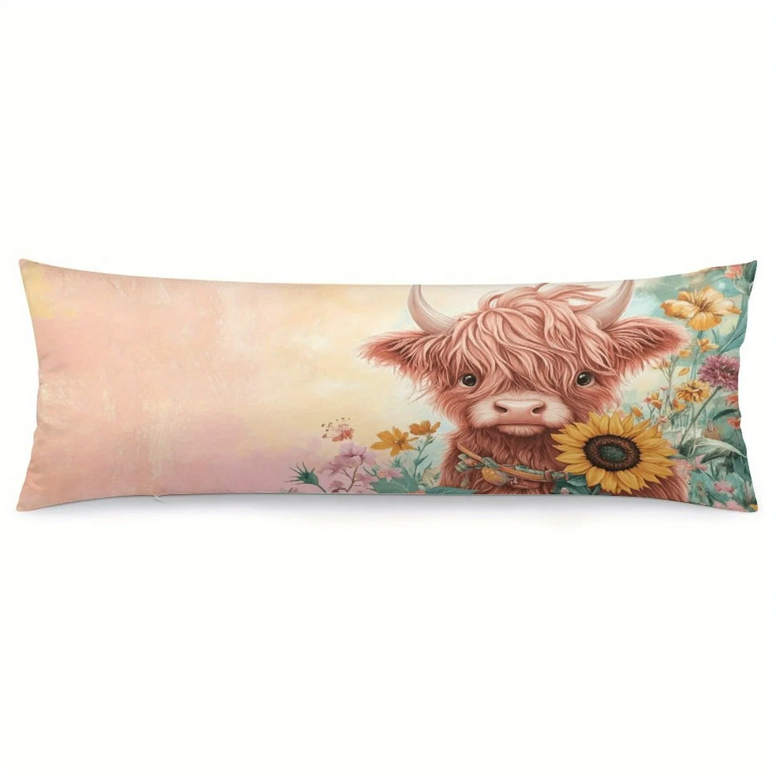 Cute Highland Cow Floral Design Body Pillowcase - Soft Plush Long Bed Pillow Cover, Double-Sided Printed Decorative Pillowcase,