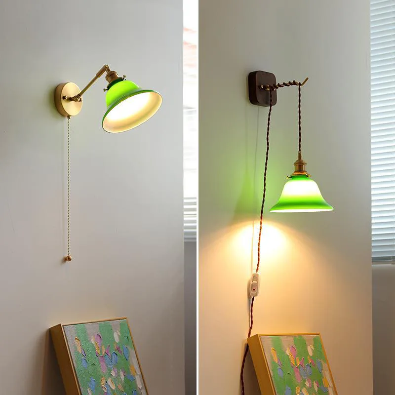 

Retro wall lamp Vintage Green glass lampshade Nordic room decor light bedroom lamp bedside lamps copper wall light with switch