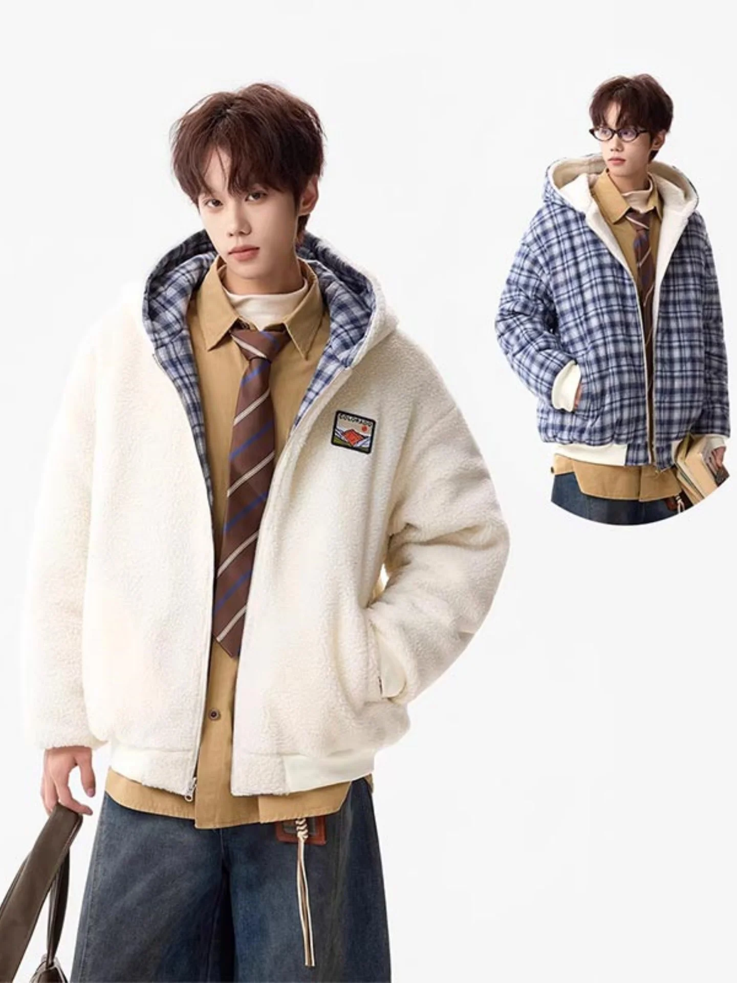 

Trendy Lamb Fur Embroidered Cotton Jaet Men Winter Double-Sided Wear Plaid Hooded Cotton Coat College Sle down Couples Ou...