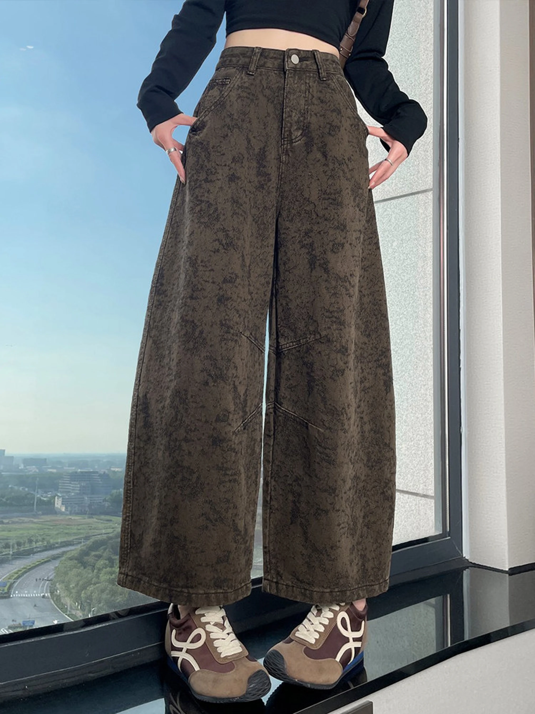 

Cafe Au Lait Washed Wide Leg Denim Jeans Women's Spring Autumn New Small Size Loose Knife Nine Point Pants