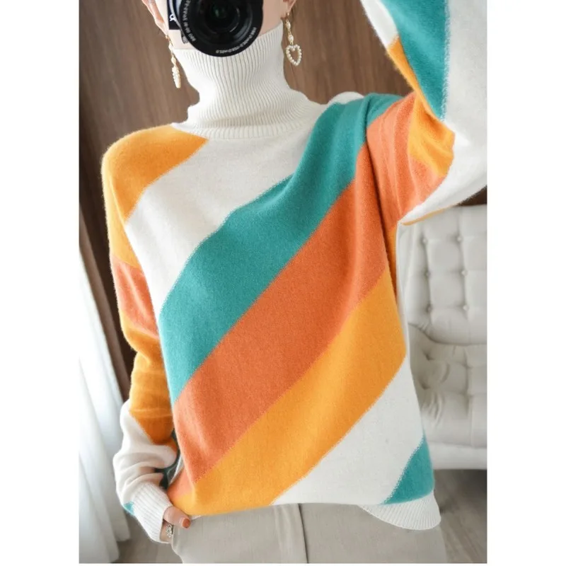 

Women Autumn Winter Fashion Simplicity Color Blocking Turtleneck Women Clothes All-match Knitting Pullover Long Sleeve Loose Swe