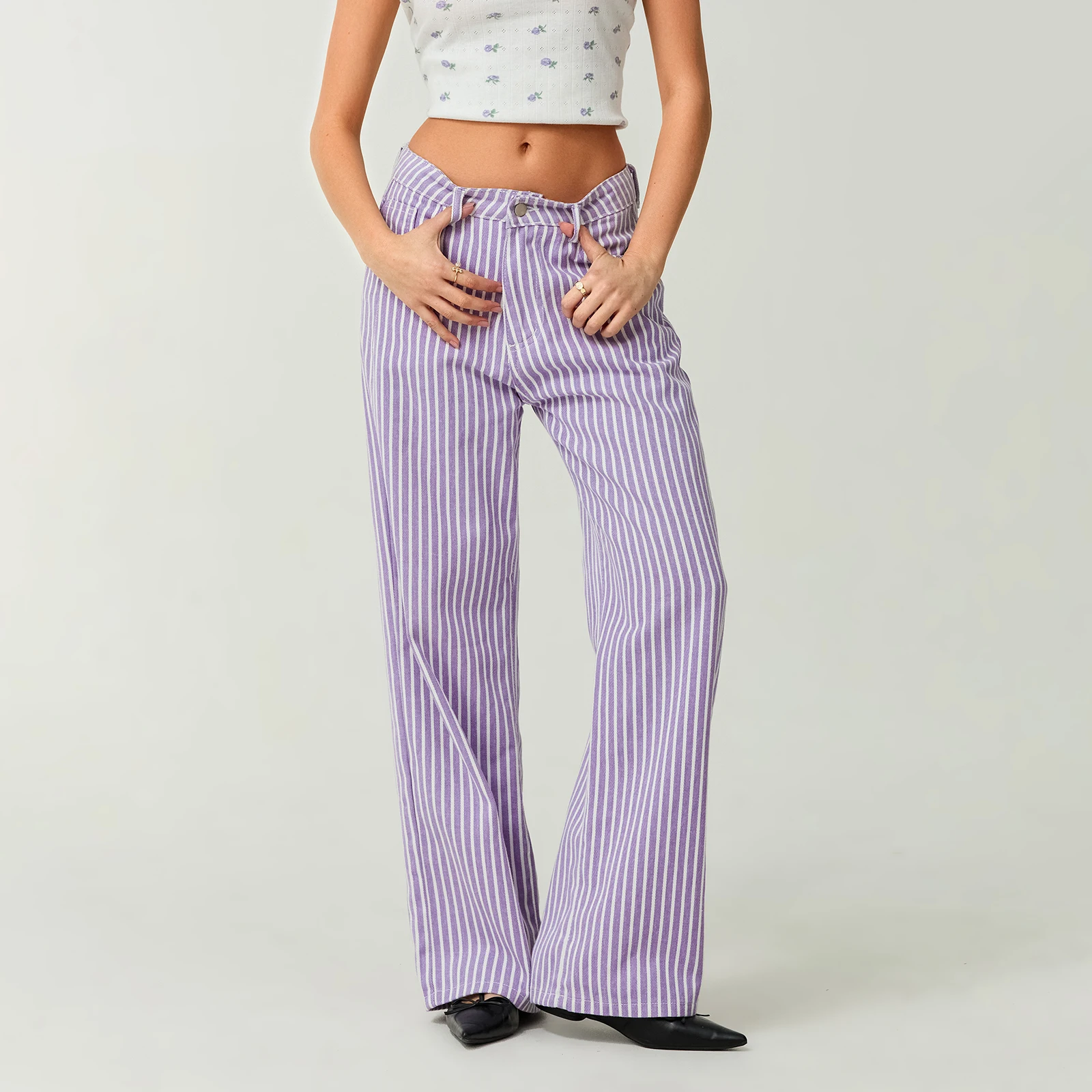 

Women Summer Harajuku Y2K Loose High Rise Jeans Retro Classic Striped Print Wide Leg Denim Pants Boyfriend Jeans with Pockets