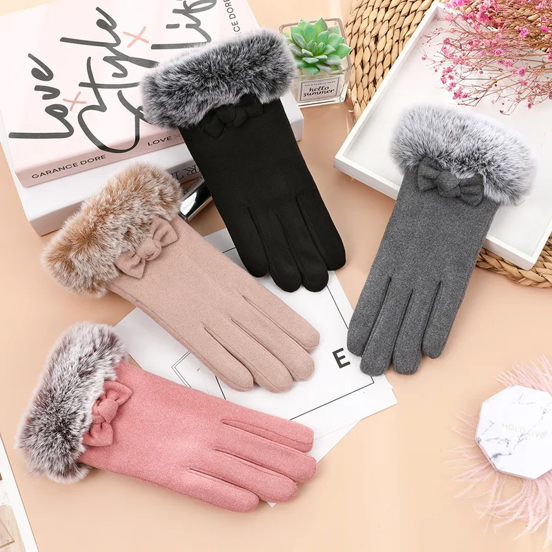 Women Winter Keep Warm Touch Screen Plus Cashmere Thicken Gloves Cycling Drive Elegant Bow Plush Wrist Anti Slip Windproof